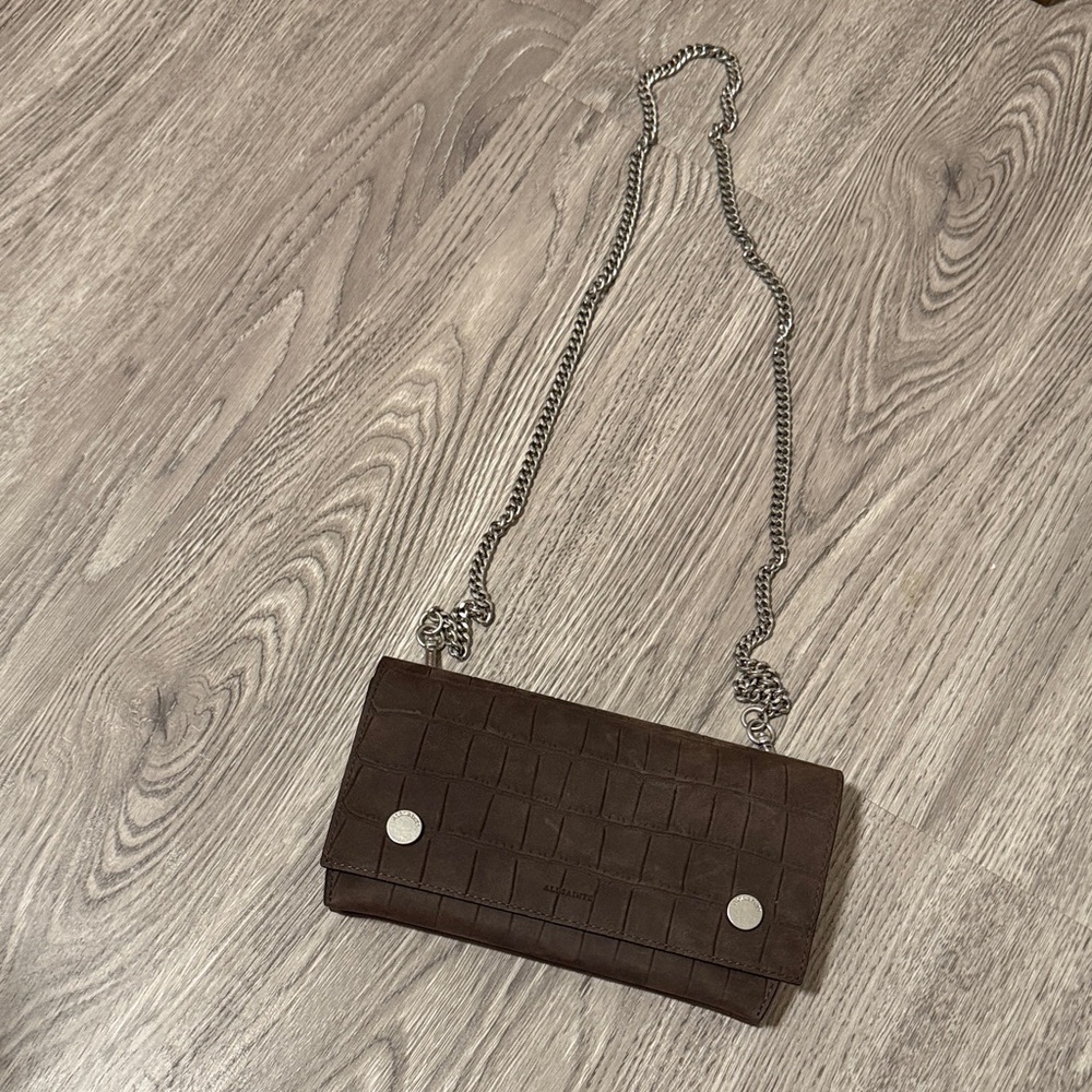 All Saints Albert Croc Suede Wallet on Chain Crossbody Bag